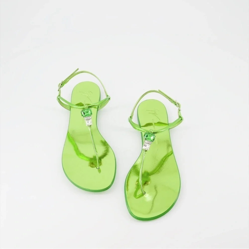 Giuseppe Zannoti Asparagus Green Metallic Leather Alphonsine thong sandals EU 38